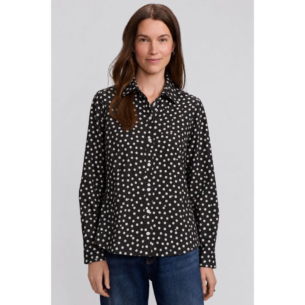 Foxcroft Black White Polka Dot Button Down Blouse Wrinkle Free Size 16